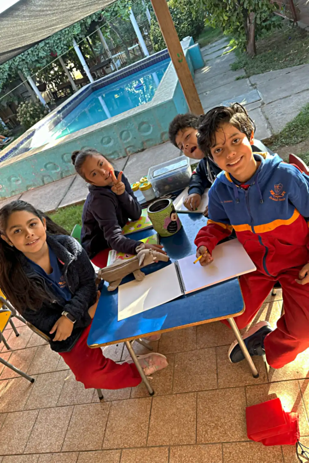 niños estudiando al aire libre colegio particular con metodología Waldorf Machalí